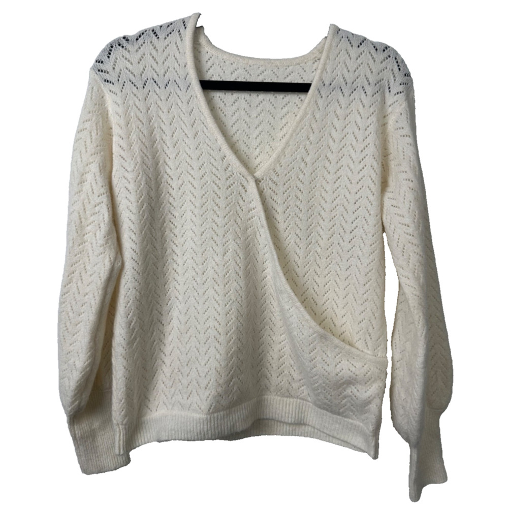 ABLE M Tracy Wrap Sweatshirt Top in Antique White V Neck Long Sleeve Sweater A10